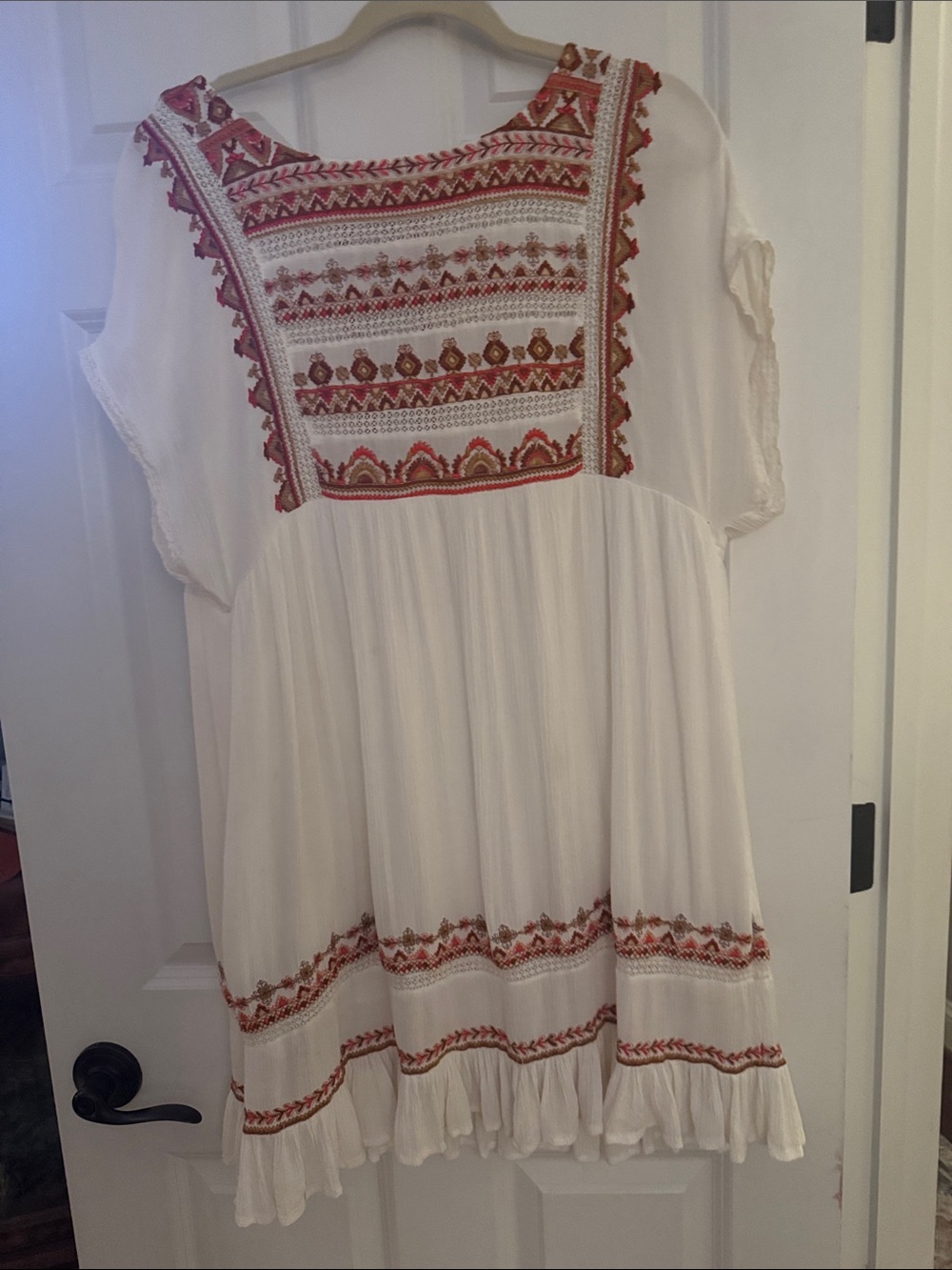 Free People White Mini Dress with Red & Rust Embroidery